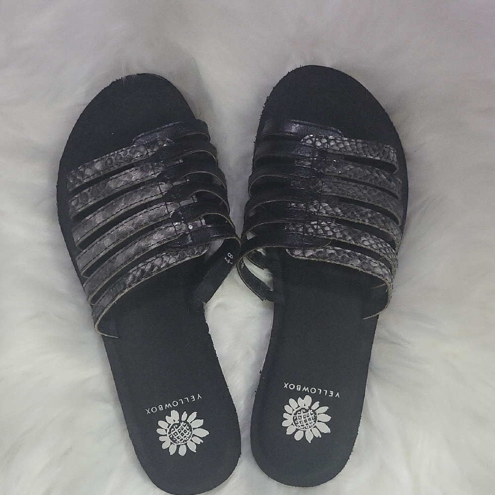 Yellow Box Snakeskin Black Sandals